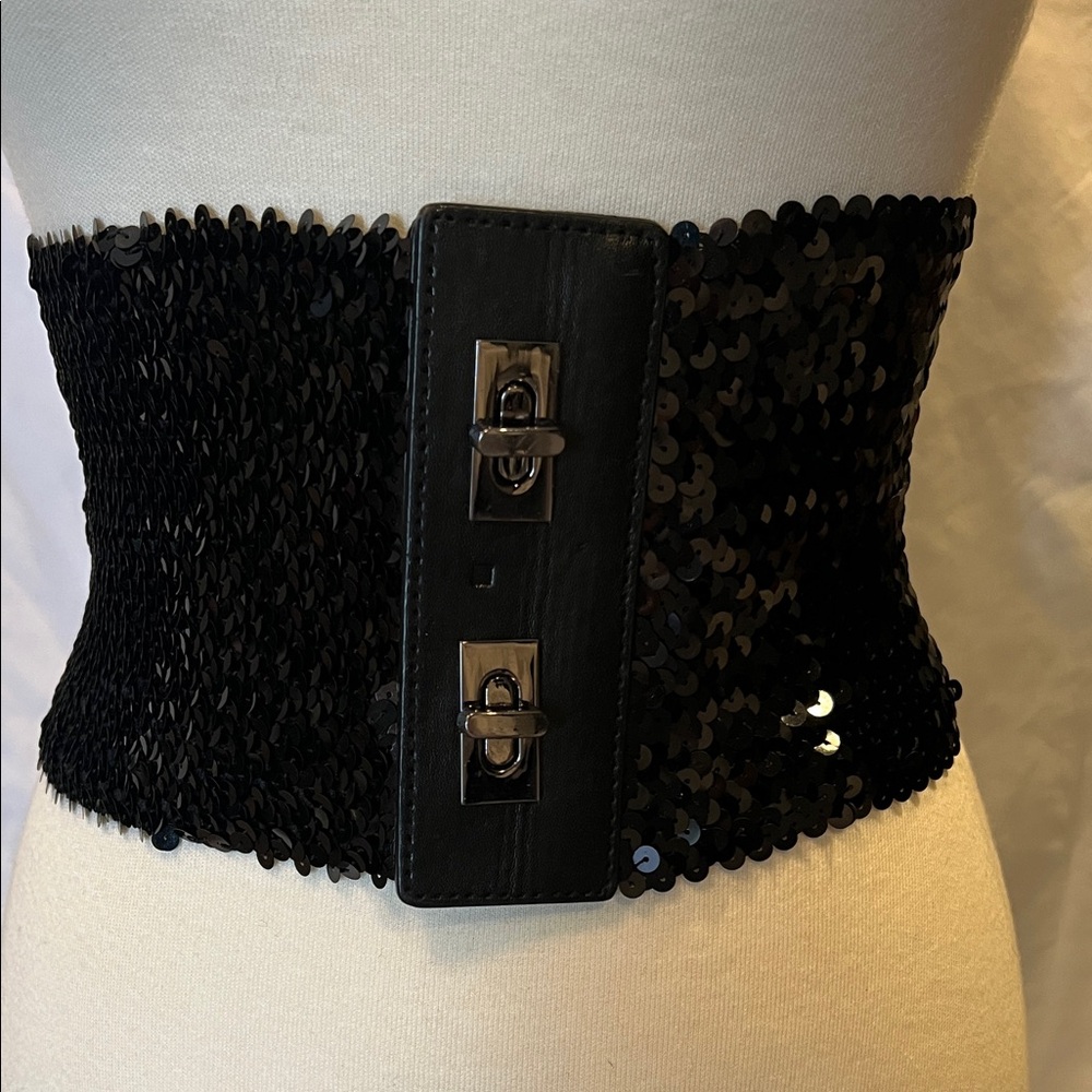 bebe Black Sequin Statement Belt